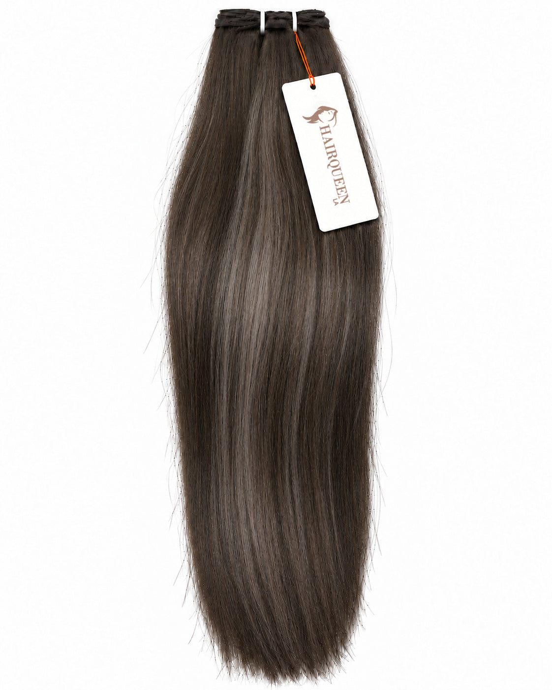 Single machine weft hair bundle in dark ash brown, straight strands with stitched top.