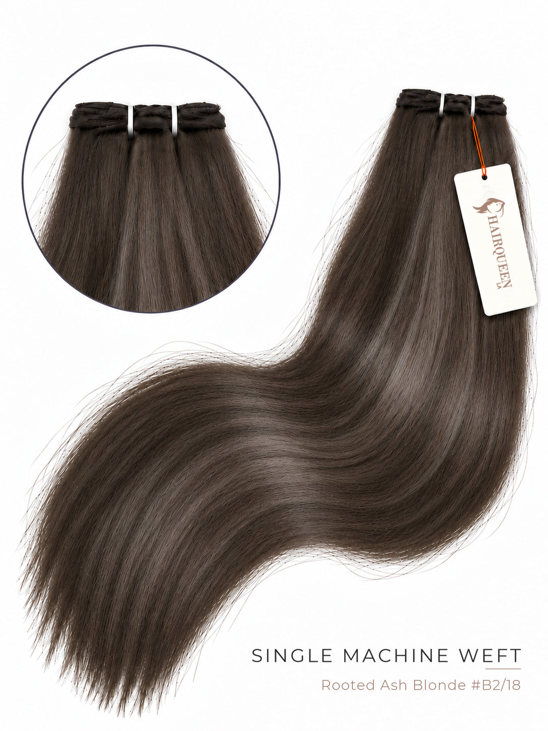 Single machine weft hair bundle in rooted ash gray-brown, straight strands with stitched top.