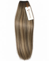 Single machine weft hair bundle in cool dark brown with lighter rooted highlights, straight.