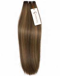 Single machine weft hair bundle in warm medium brown, straight strands with stitched top.