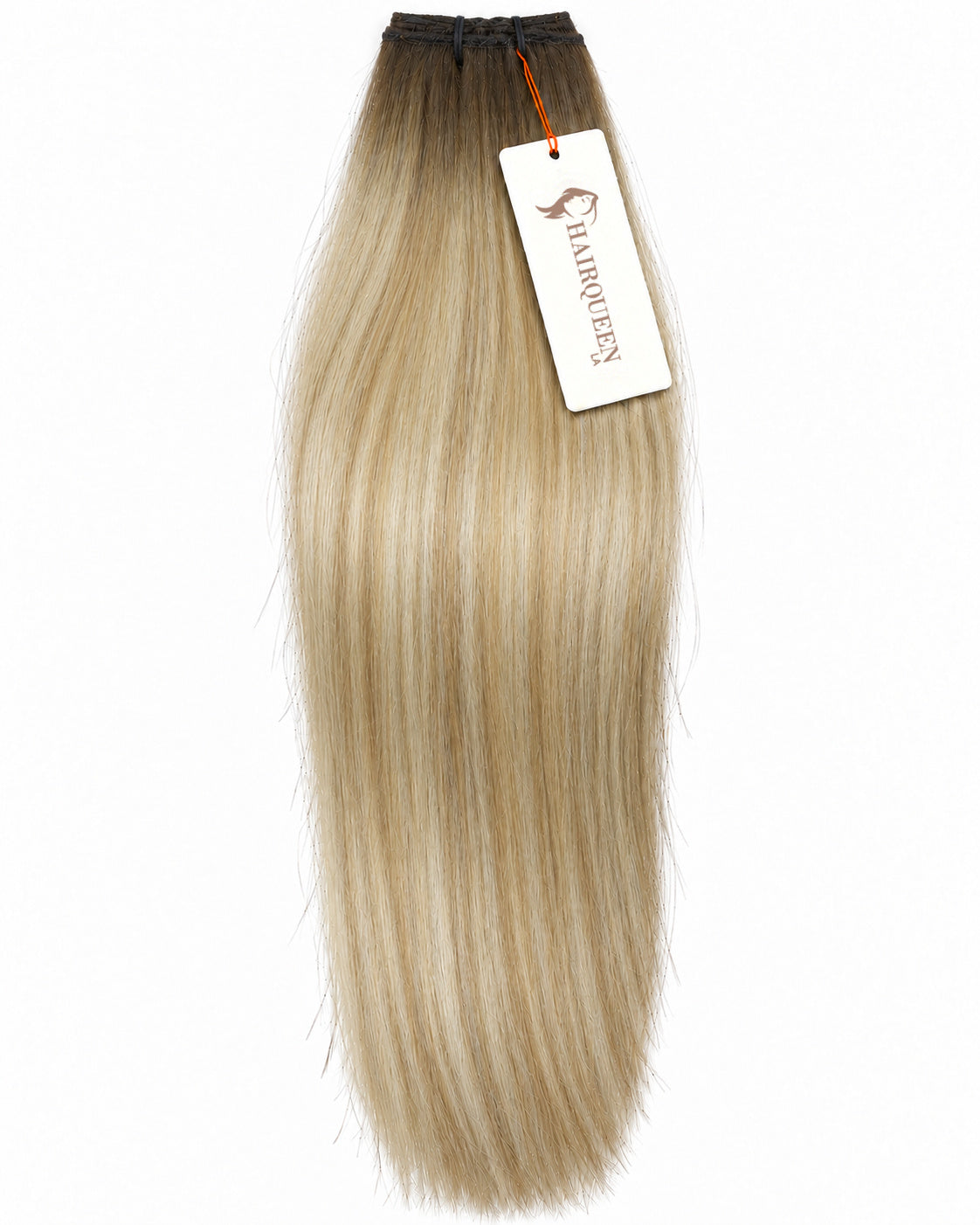 Single machine weft with straight light blonde hair and darker roots