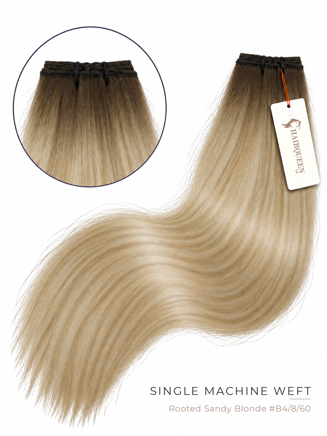 Rooted light blonde single machine weft hair with straight strands