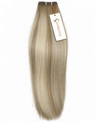 Single machine weft with straight light ash blonde hair and darker roots