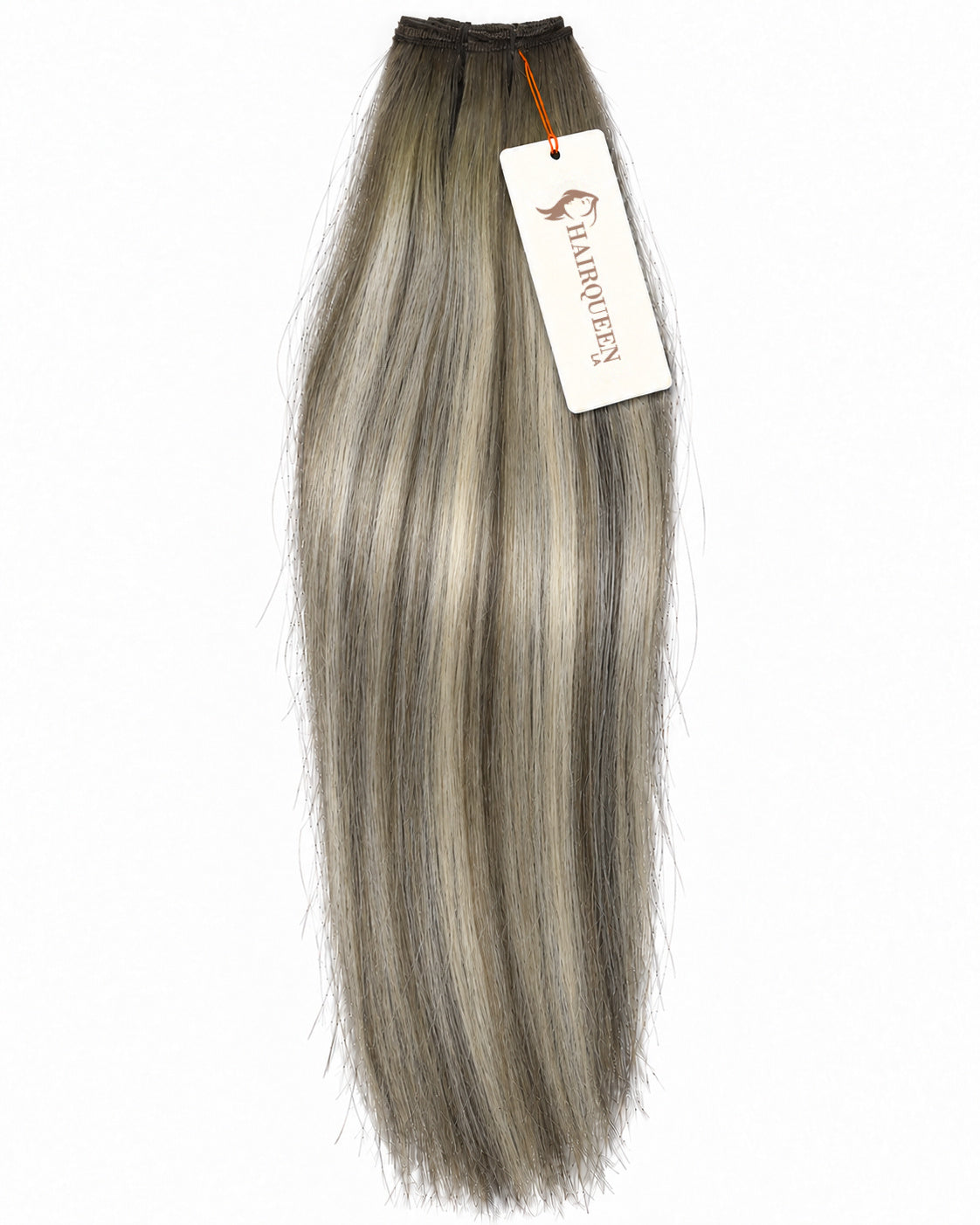 Single machine weft with straight ash blonde hair and darker roots