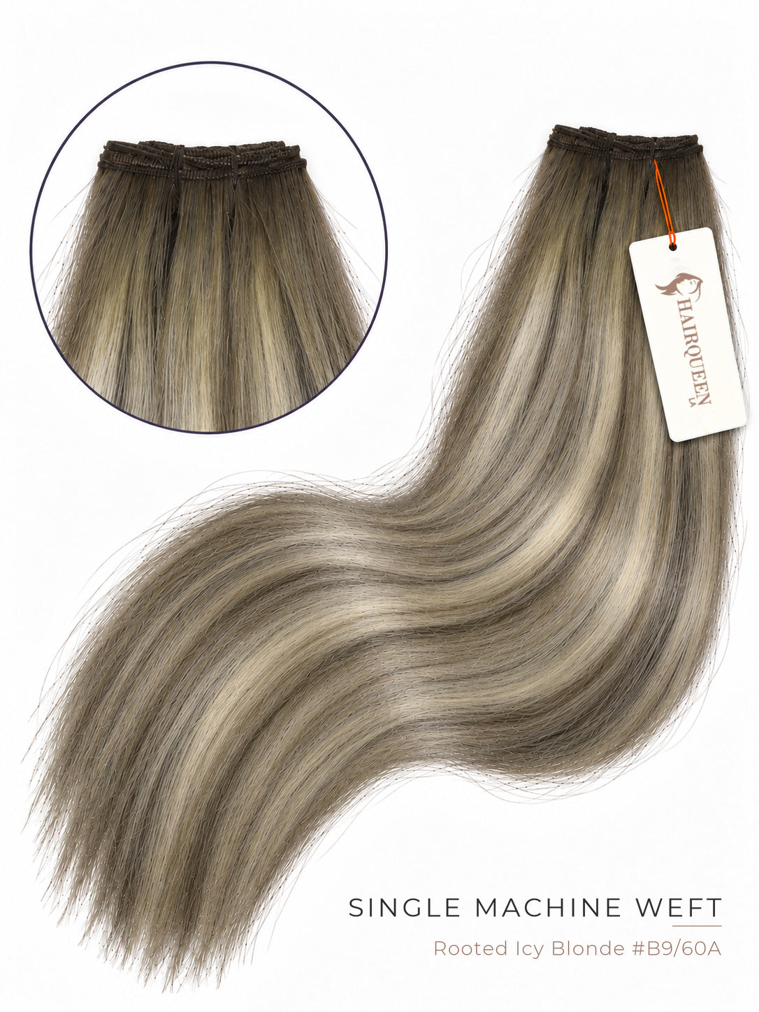 Rooted icy blonde single machine weft with wavy strands in silver-toned gray