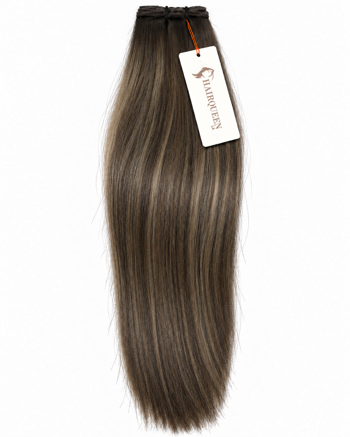 Single machine weft with straight dark brown hair and darker roots