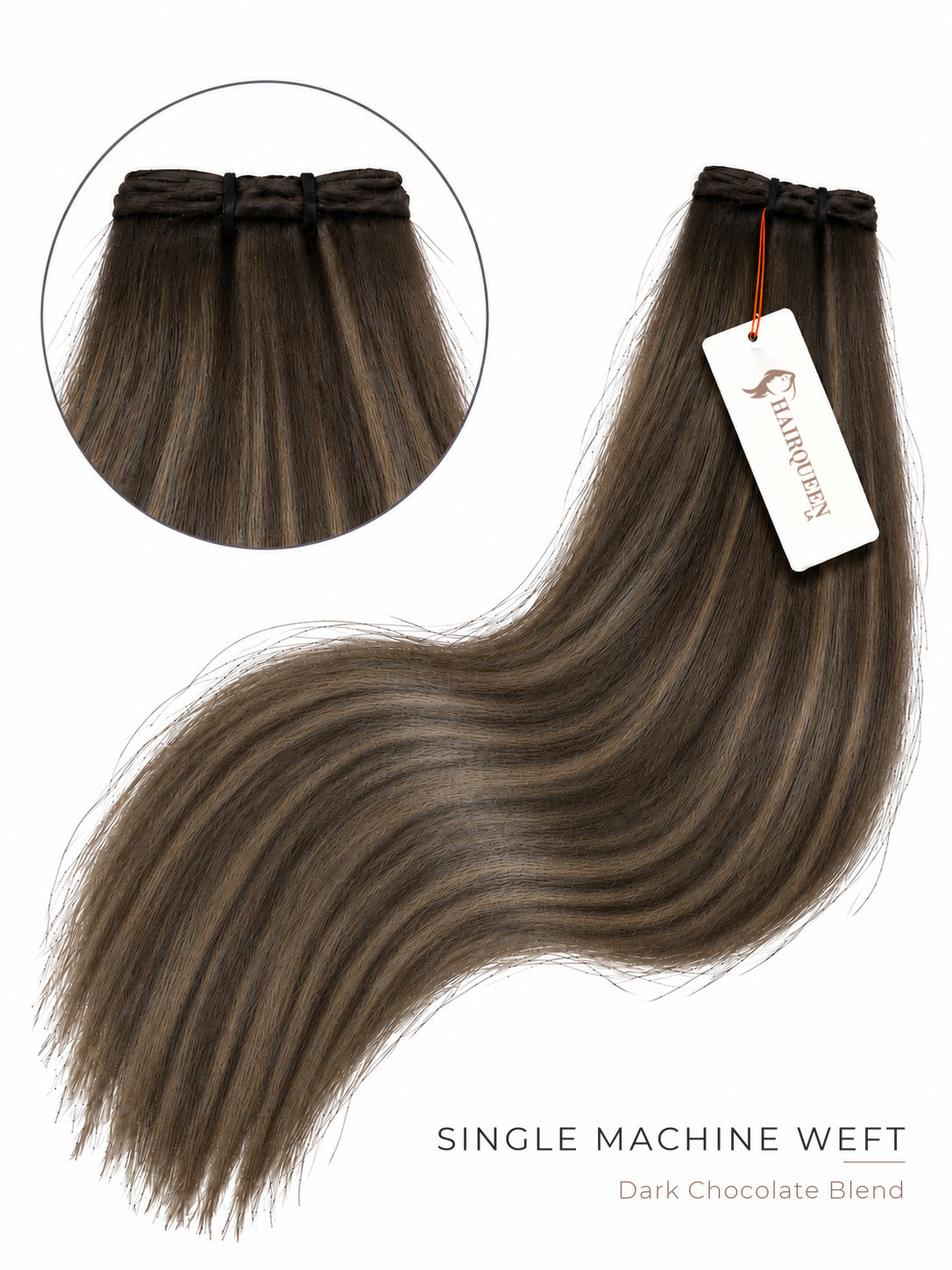 Single machine weft with wavy dark brown hair and subtle lighter highlights