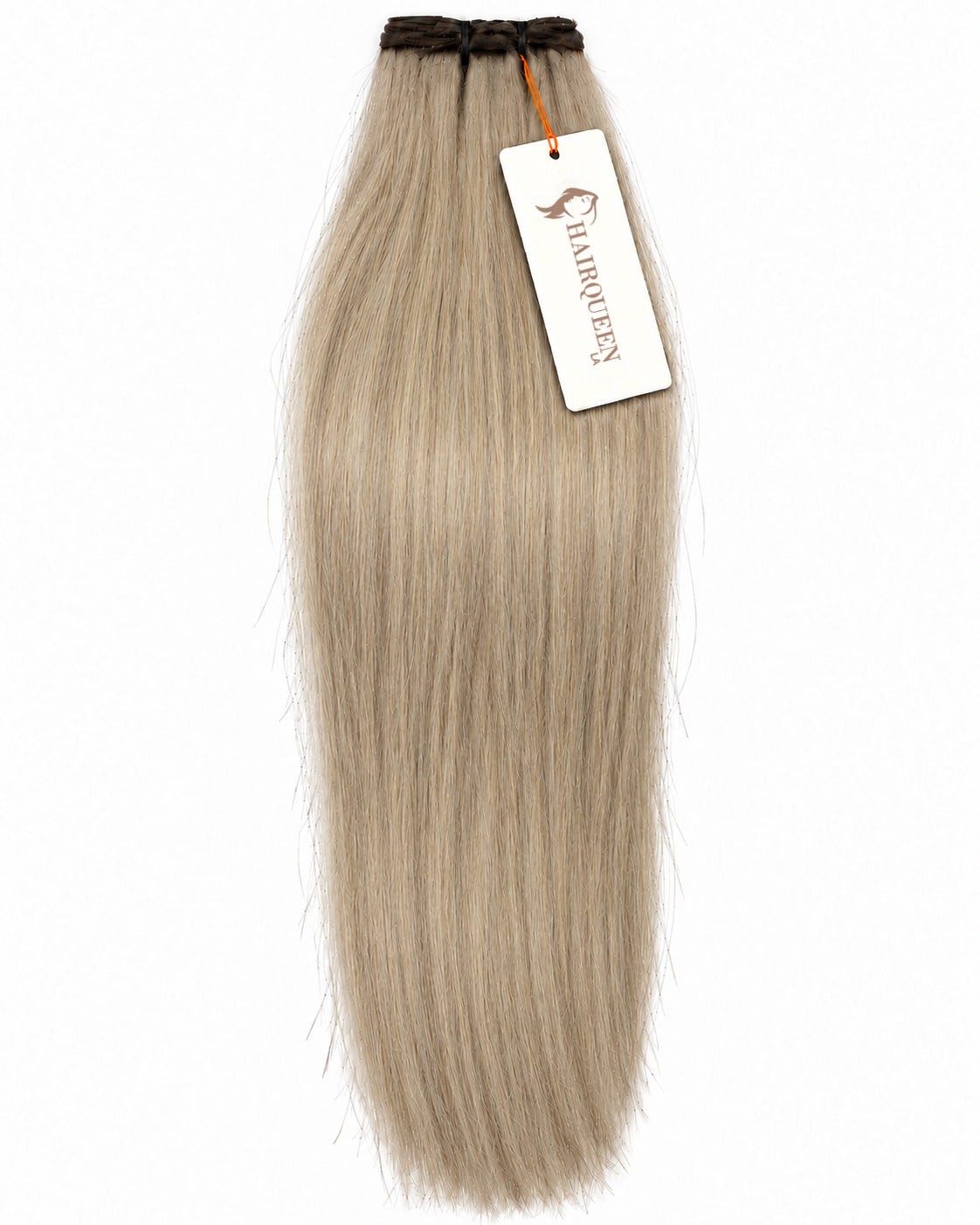 Ash-blonde straight machine weft hair extension, long smooth strands and attached tag