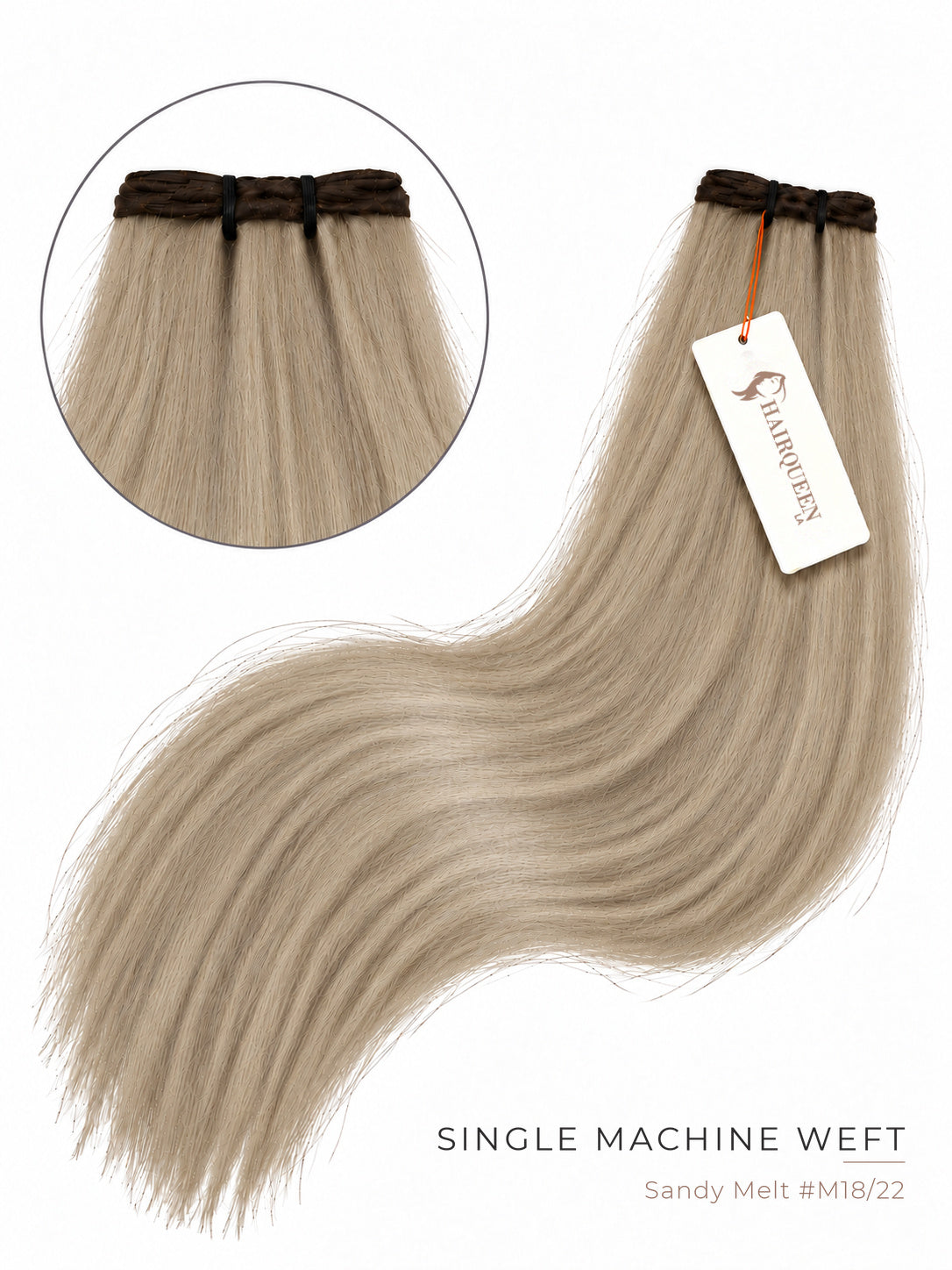 Light ash-blonde straight machine weft hair extension with dark weft band and tag