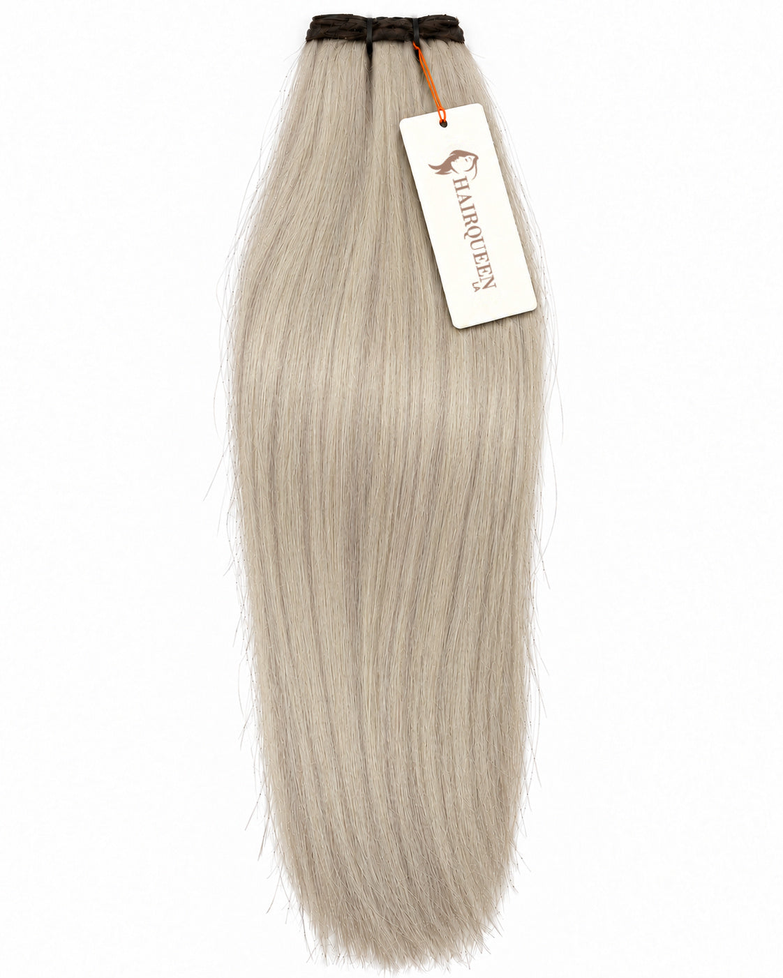 Light blonde straight machine weft hair extension, smooth long strands and attached label