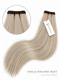 Silver melt blonde straight machine weft hair extension with dark weft band and tag