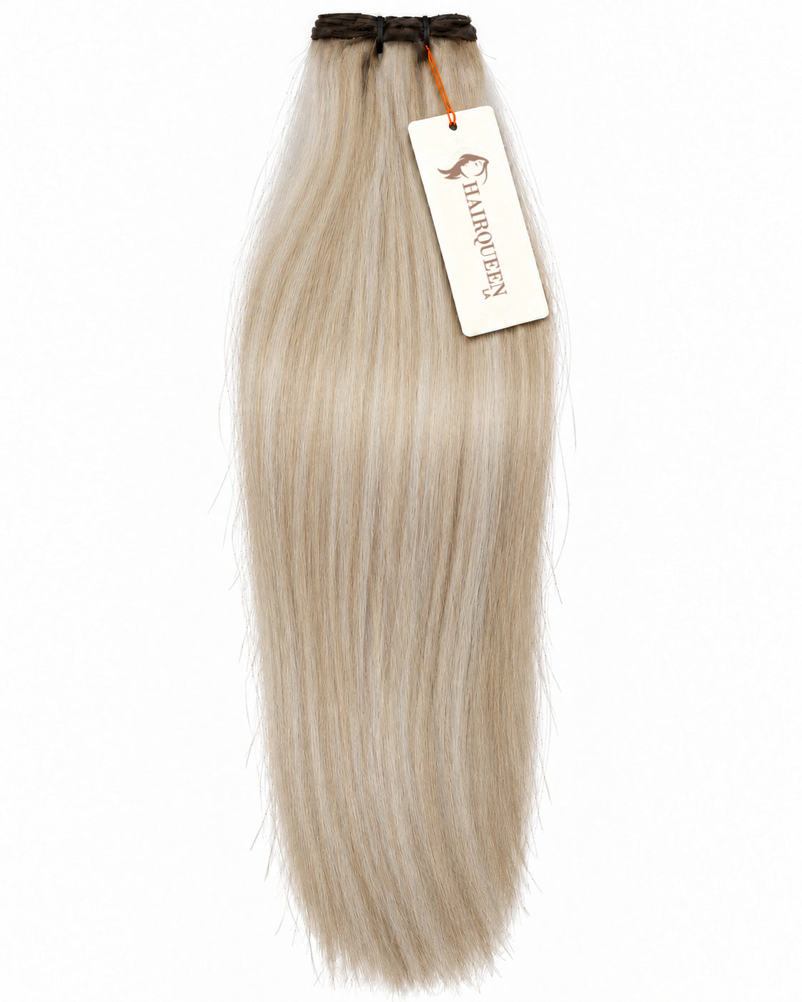 Hair extension weft in light blonde, straight texture with dark weft band.
