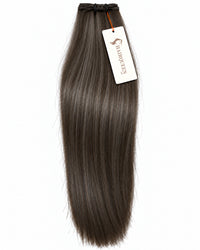 Dark ash-brown straight machine weft hair extension with dark weft band and attached label