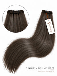 Espresso ash dark brown machine weft hair extension with dark weft band and tag