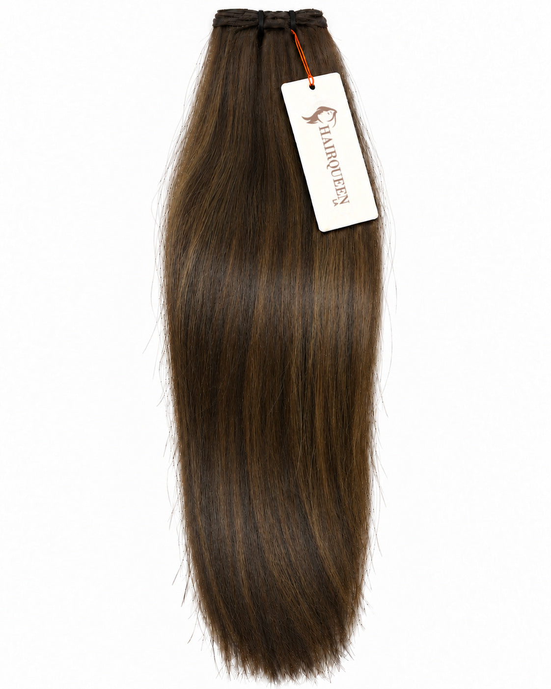 Dark chocolate brown straight machine weft hair extension with dark weft band and tag