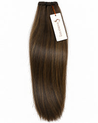 Dark chocolate brown straight machine weft hair extension with dark weft band and tag