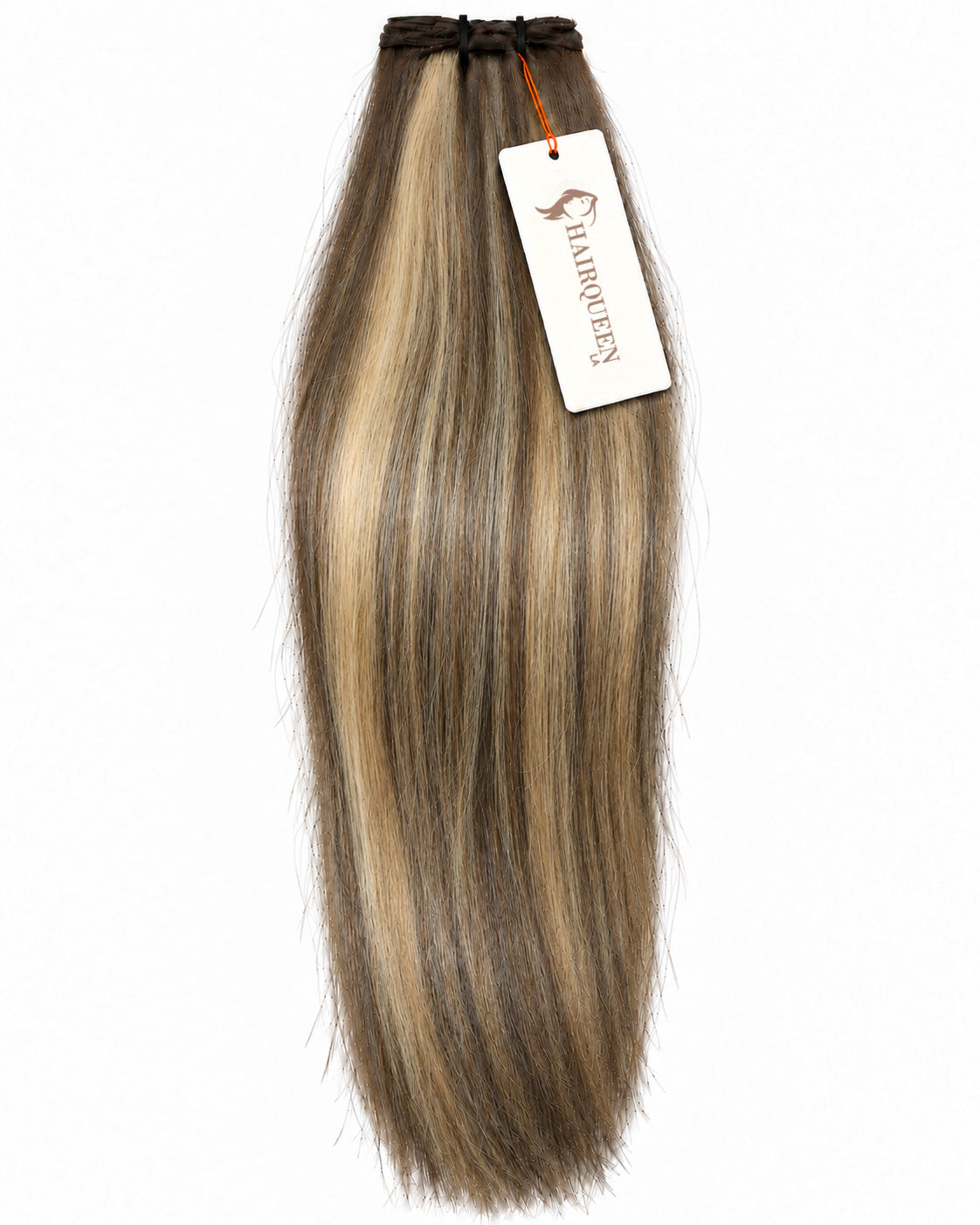Machine weft hair extension in light ash blonde with darker roots, straight