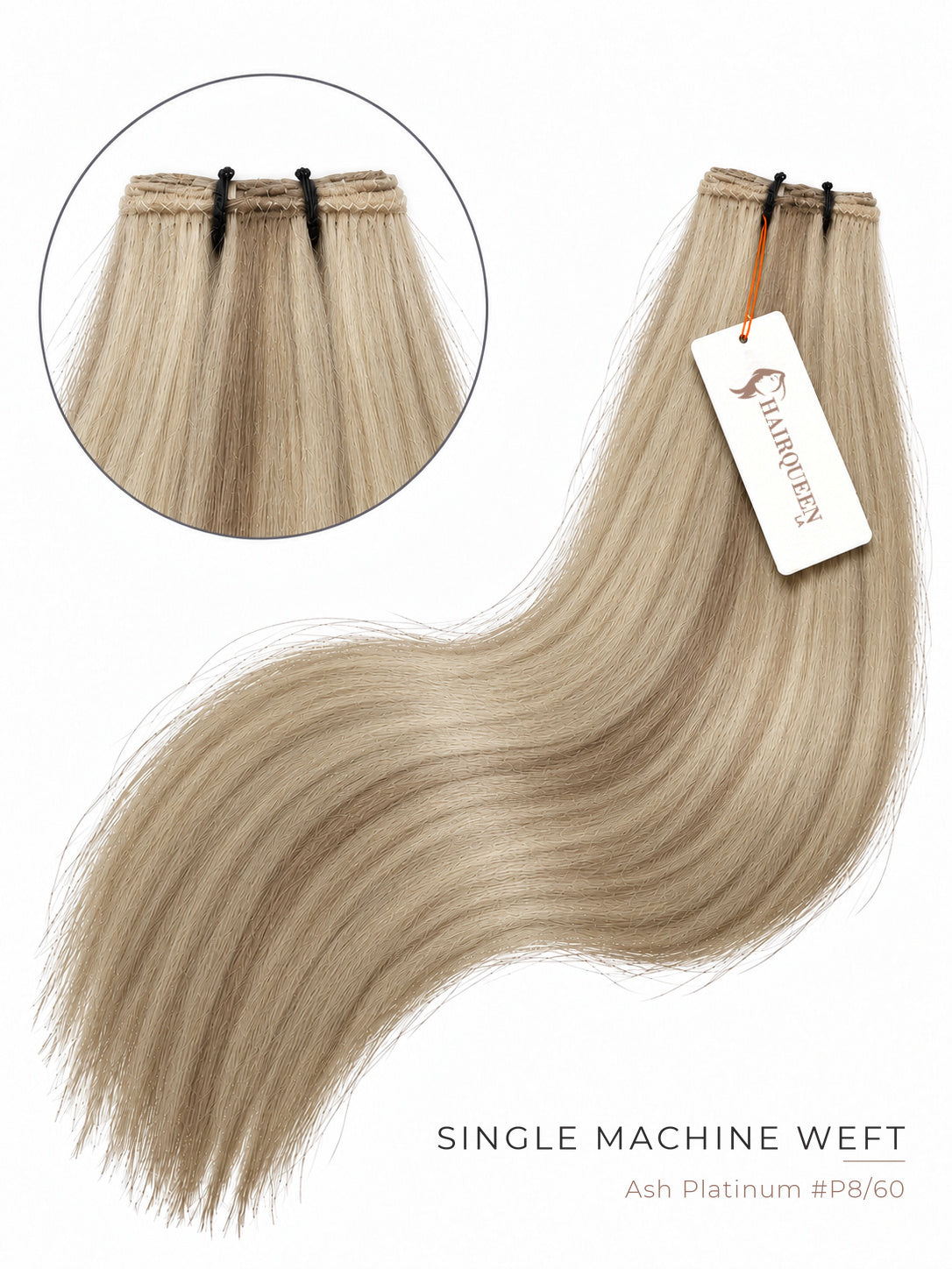 Machine weft hair extension in ash platinum blonde (#8/60), straight with soft waves