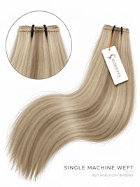 Machine weft hair extension in ash platinum blonde (#8/60), straight with soft waves