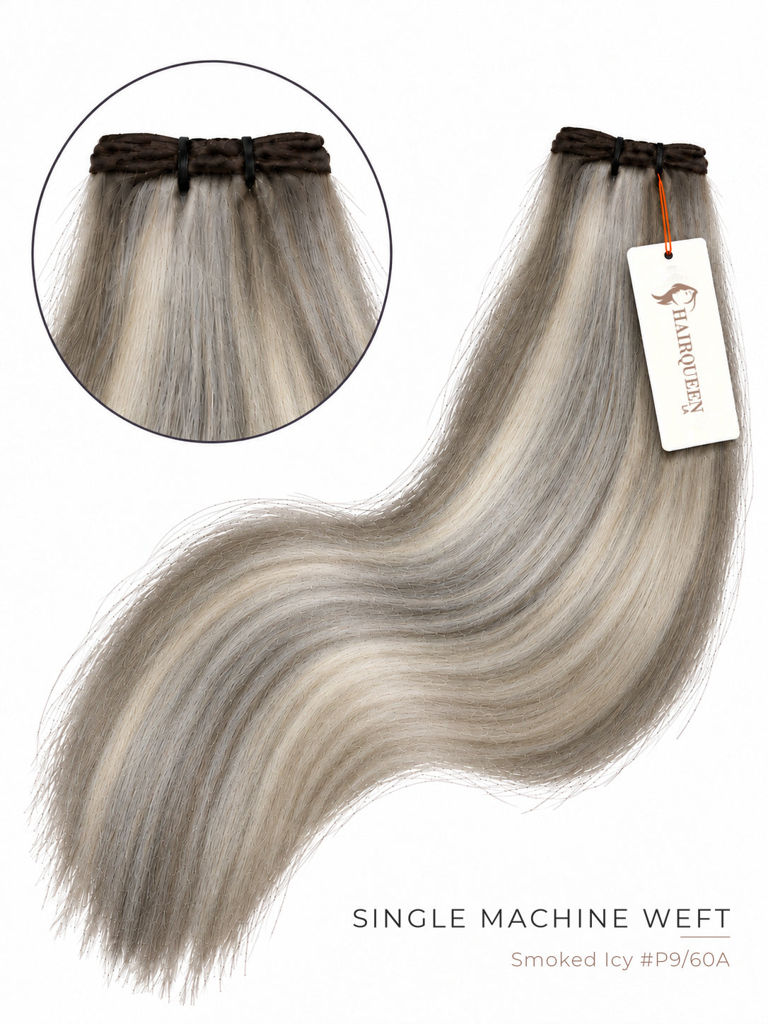 Machine weft hair extension in smoked icy silver (#9/60A), straight with soft waves