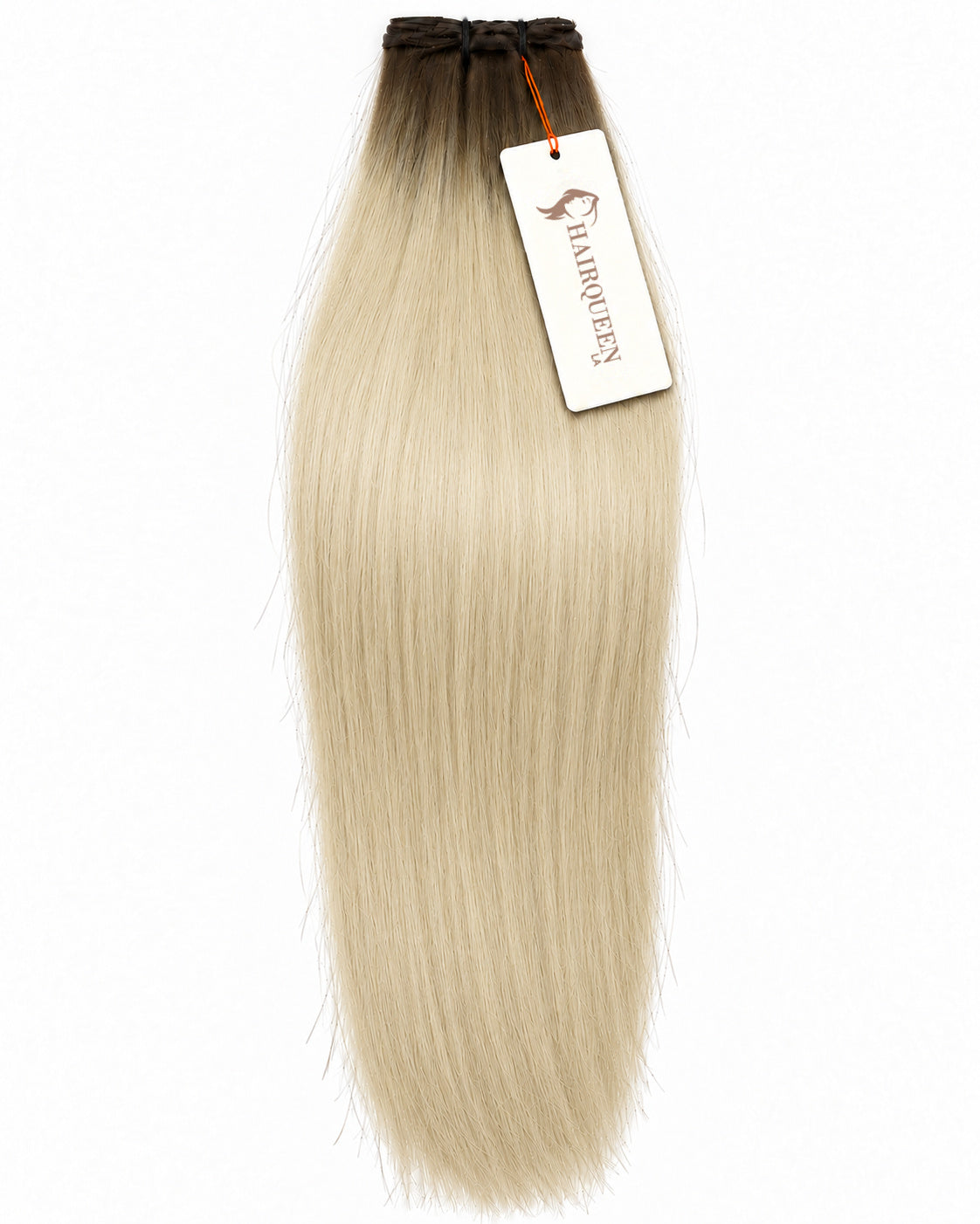 Hair extension weft in pale blonde, straight long strands with dark cap.