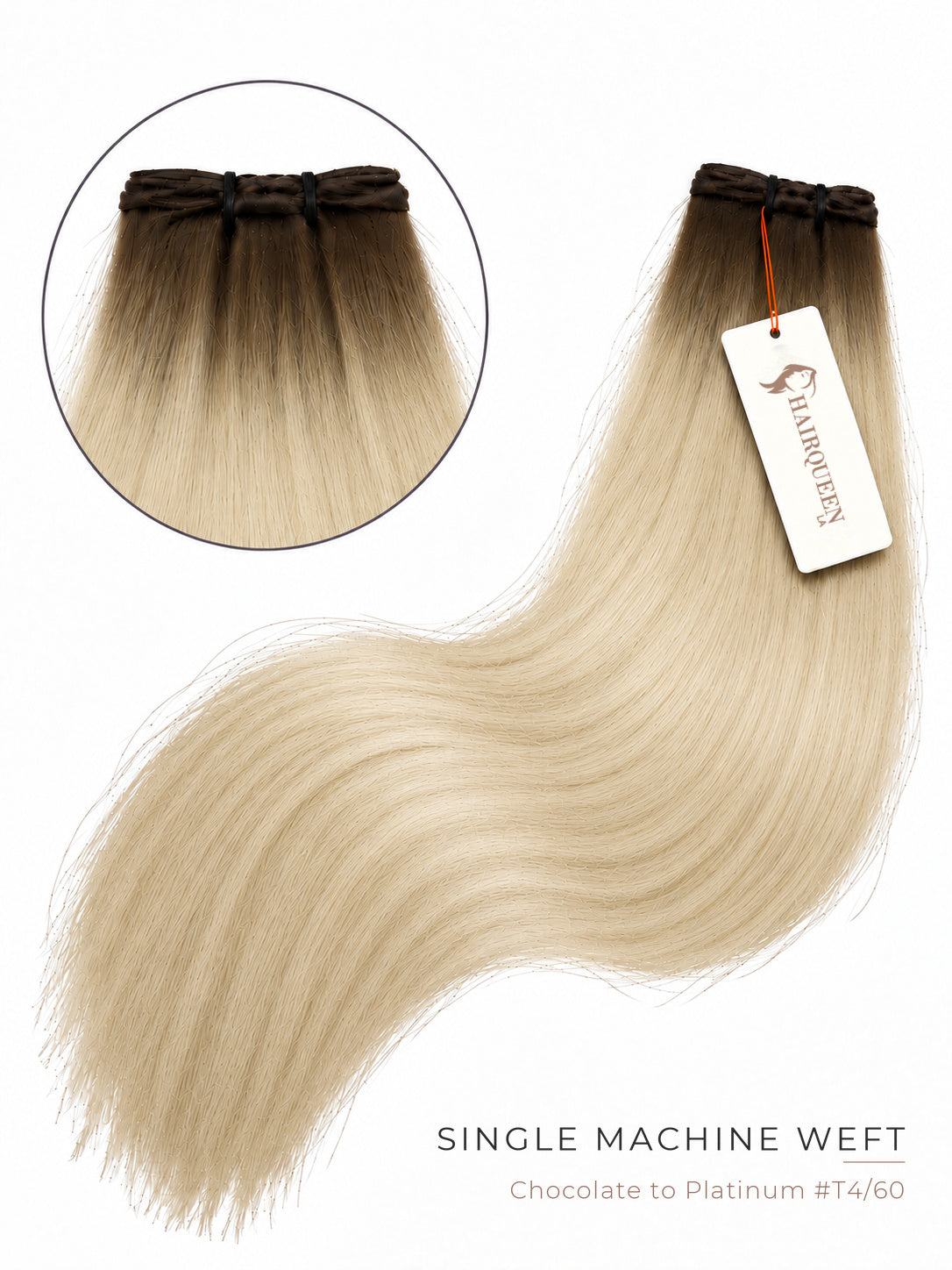 Hair extension weft, straight, with dark roots and platinum blonde ends