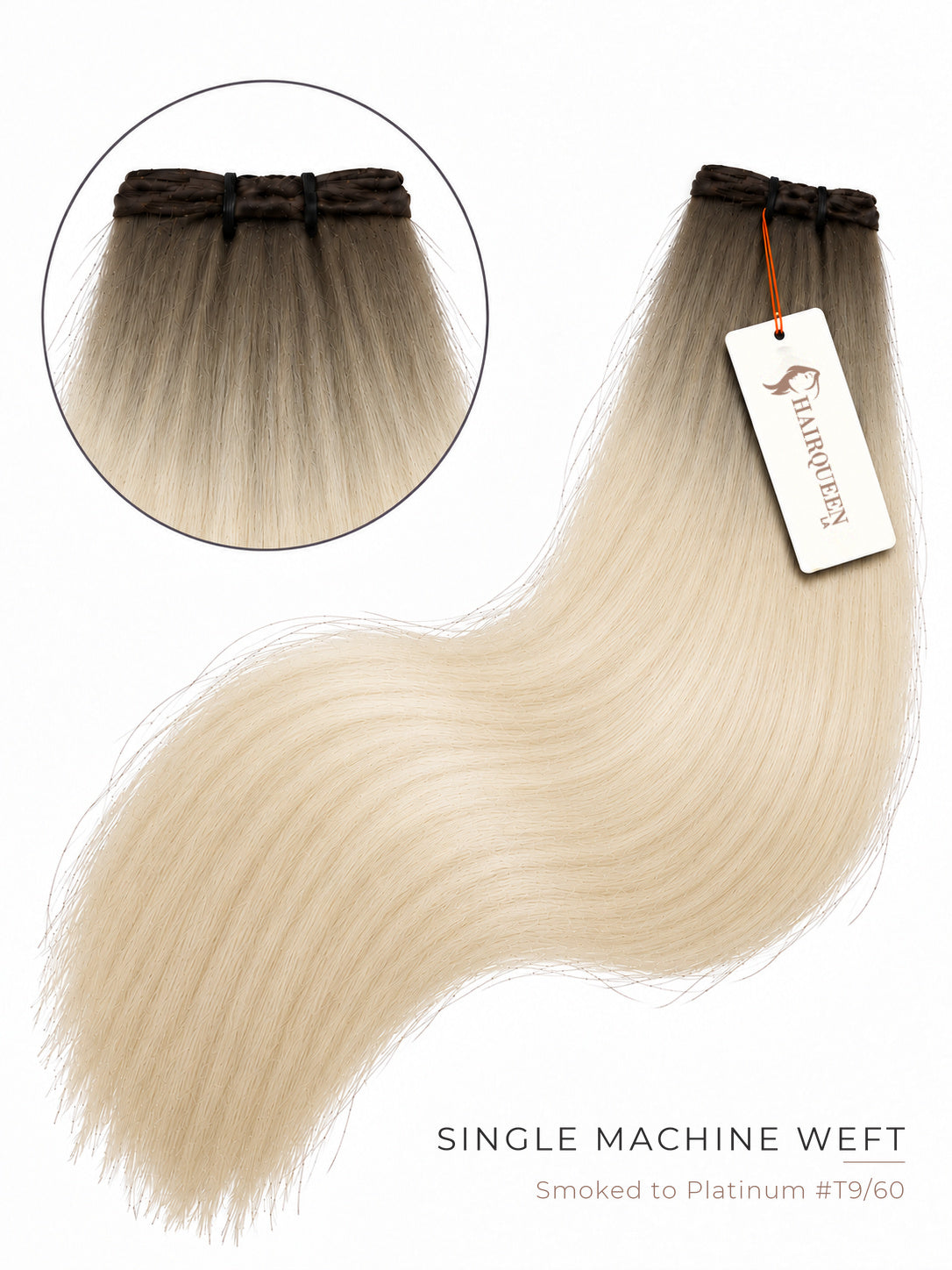 Single machine weft hair extension with dark roots and long smoky platinum blonde lengths