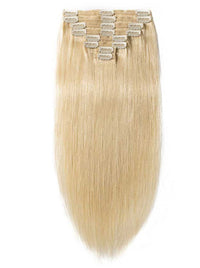 Golden blonde straight clip-in hair weft with metal snap clips, fine silky texture.