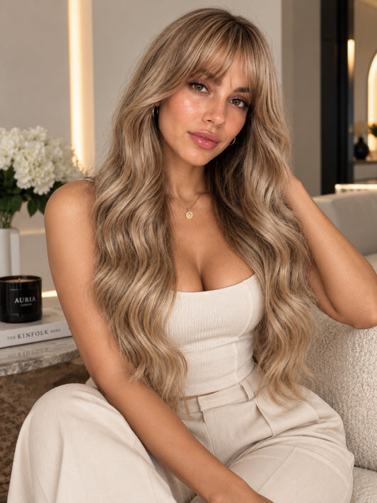Long wavy ash blonde synthetic wig with full fringe bangs