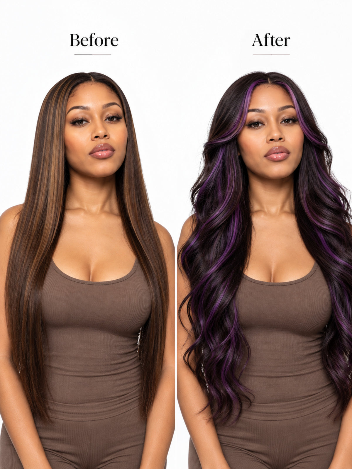 Long Black and Purple Highlighted Synthetic Blend Wavy Wig