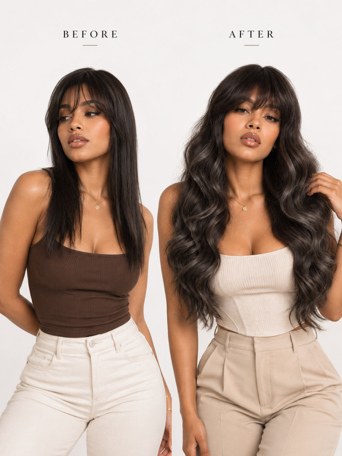 Long wavy synthetic wig with black-to-silver gray ombre shown on model from two angles