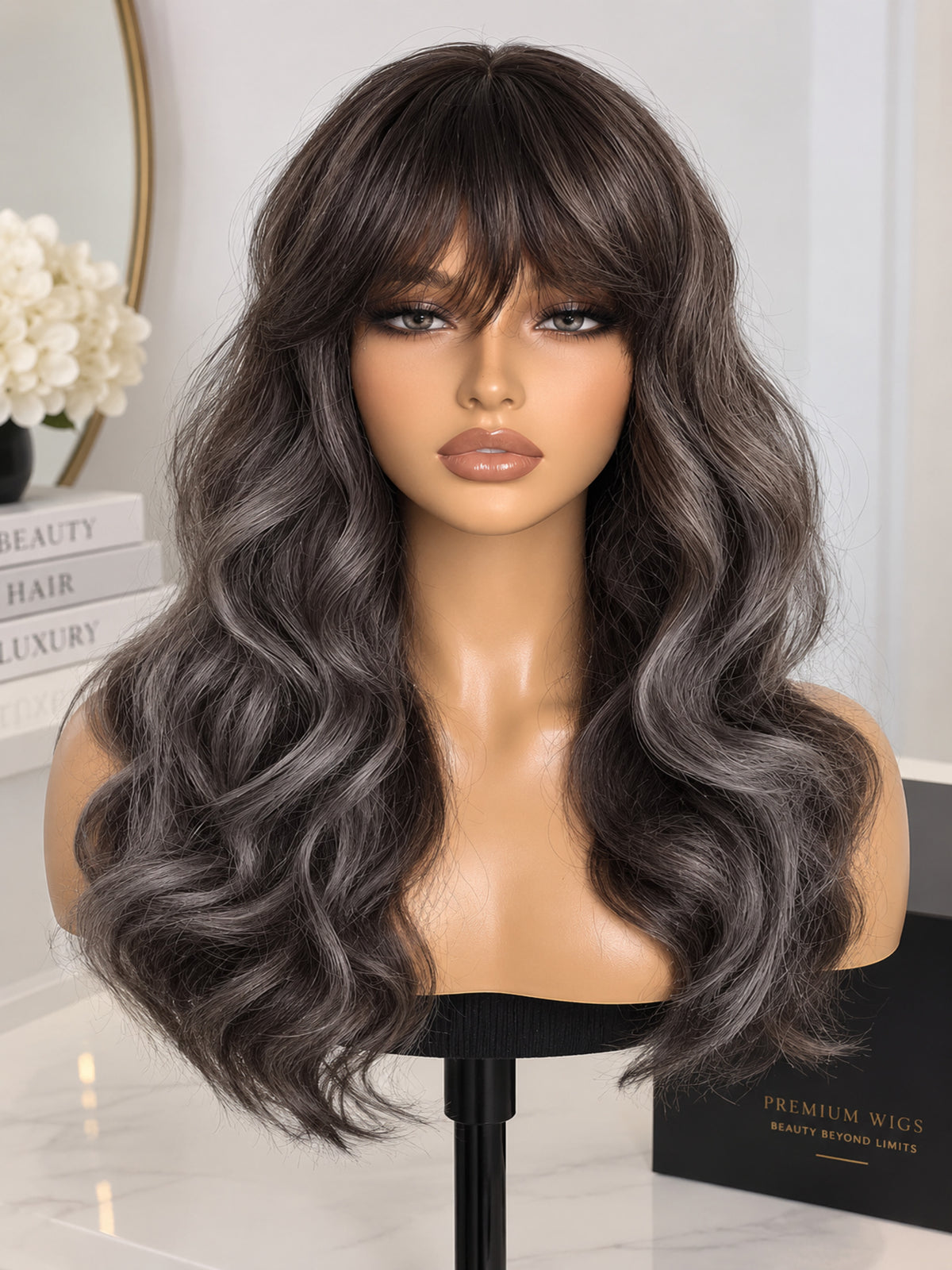 Long Black to Silver Gray Ombre Wavy Synthetic Blend Wig