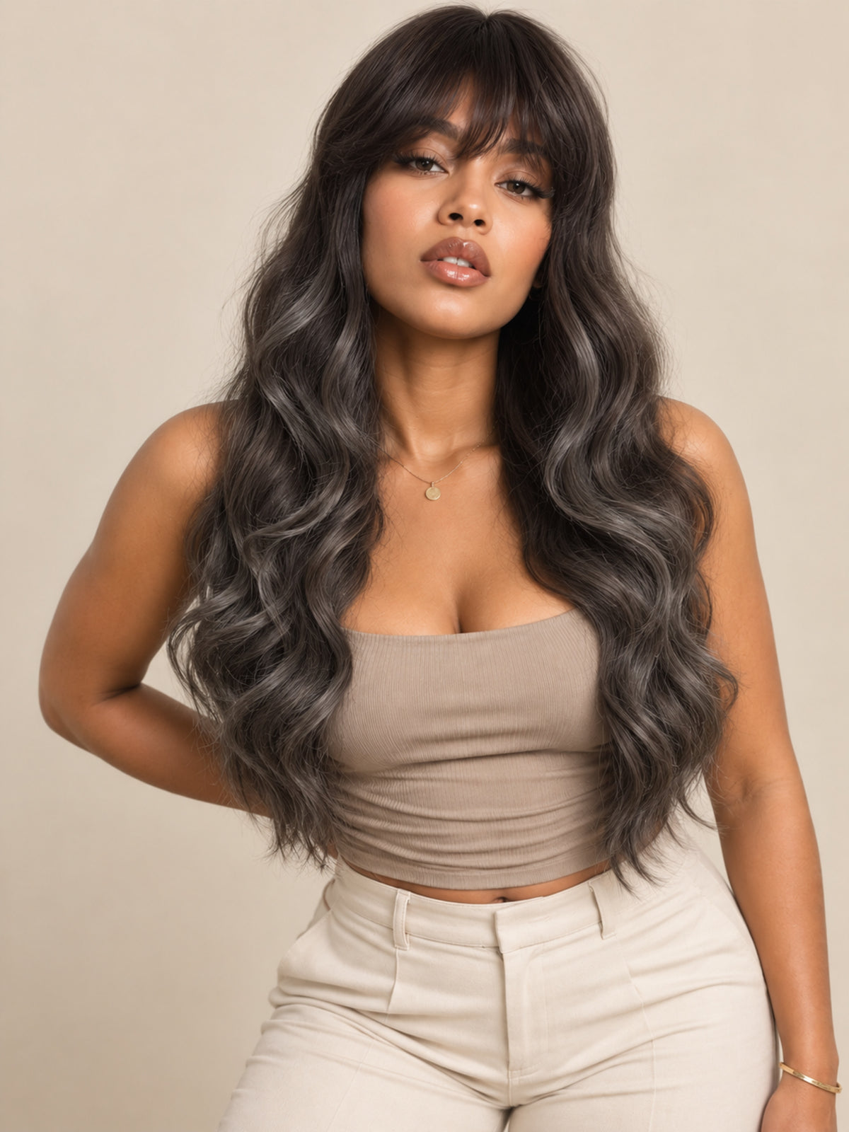 Long Black to Silver Gray Ombre Wavy Synthetic Blend Wig