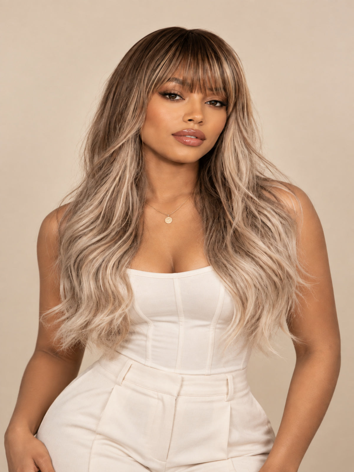 Long Blonde and Brown Highlighted Wavy Synthetic Blend Wig with Bangs