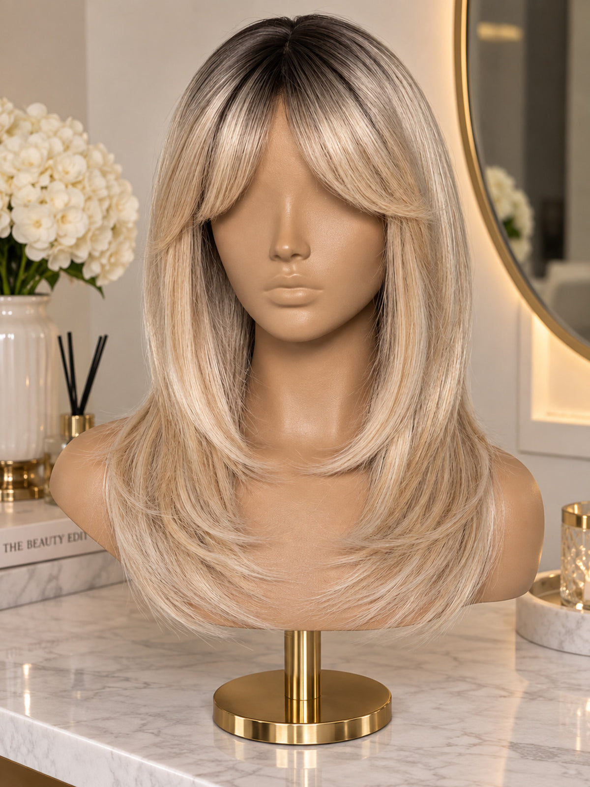 20' Blonde Curtain Bangs with Dark Roots Synthetic Blend Wig