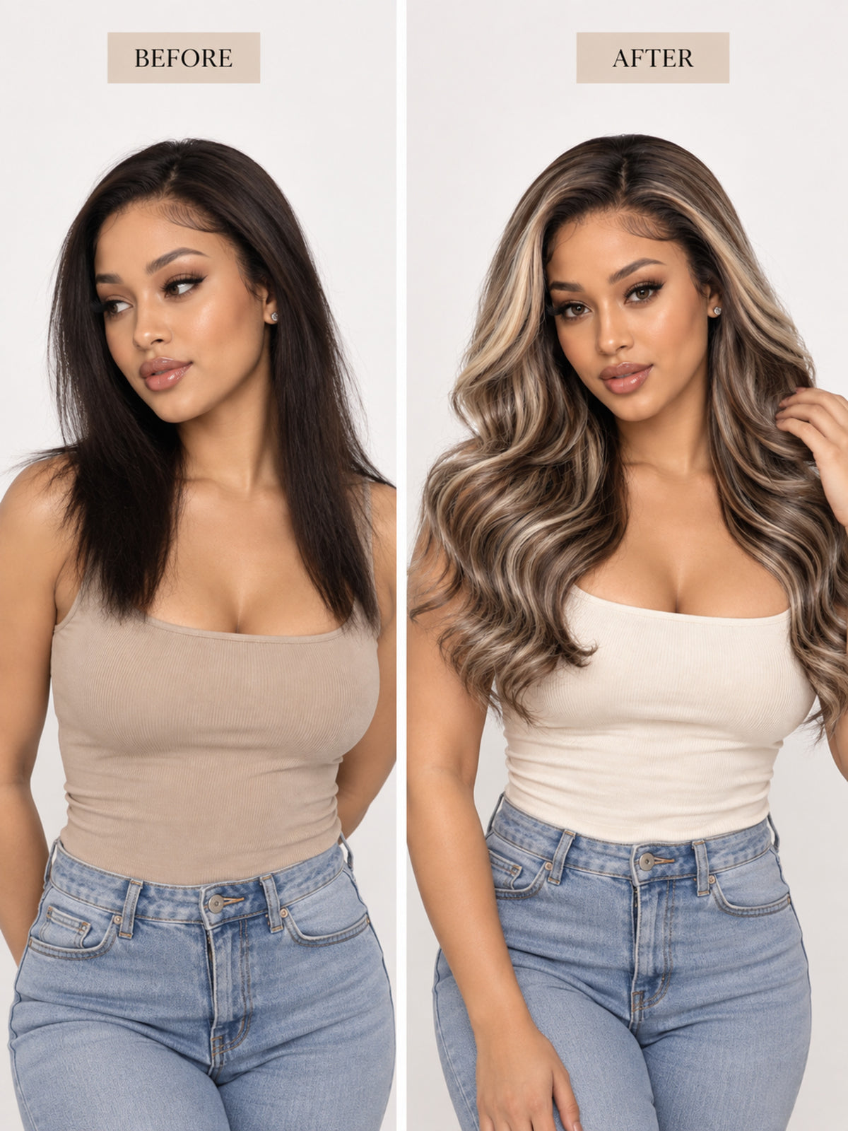 Split before/after wig: dark brown hair with platinum blonde highlights, long wavy curls