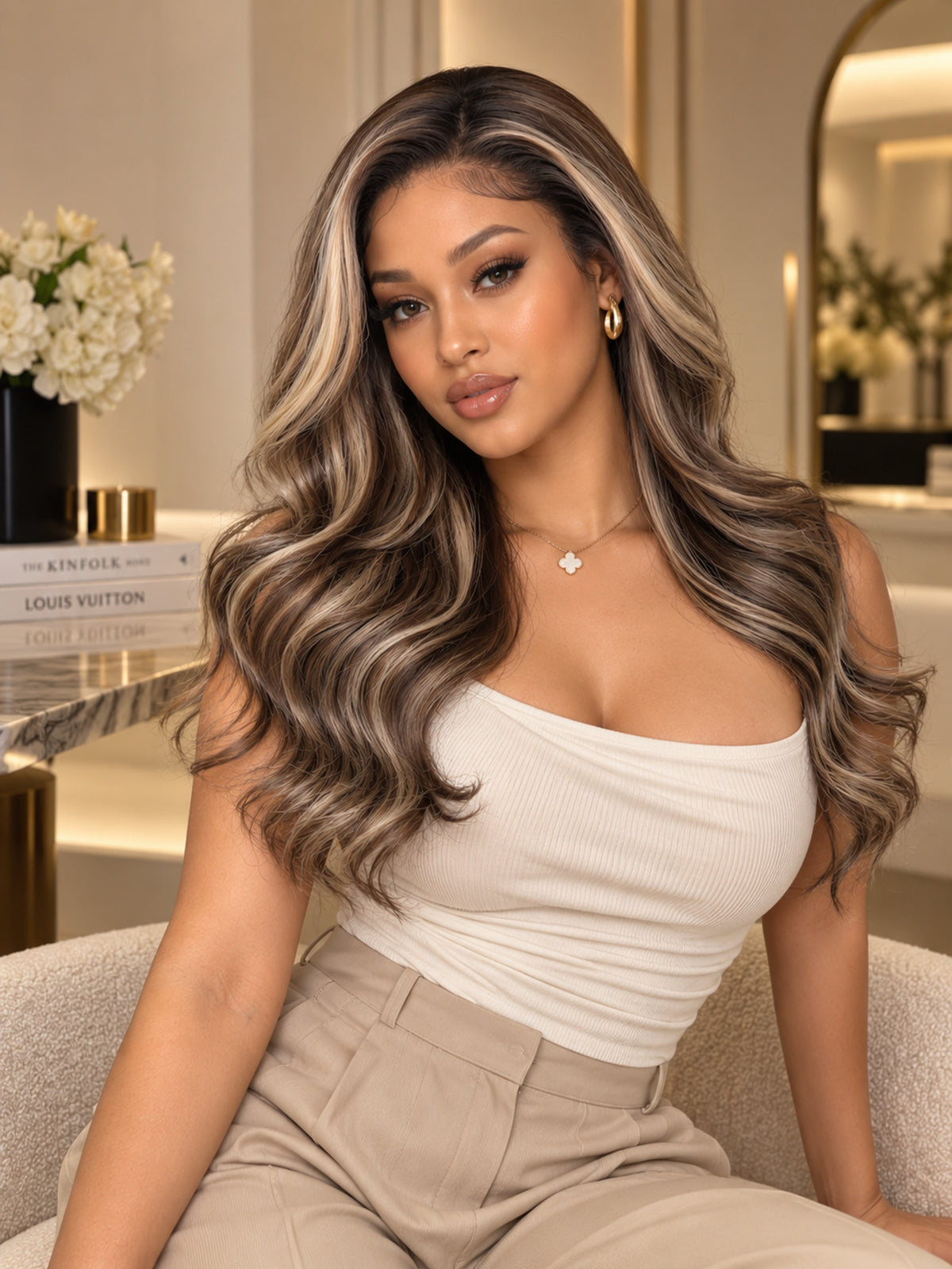 Long wavy curly wig with dark brown base and platinum blonde highlights, side profile