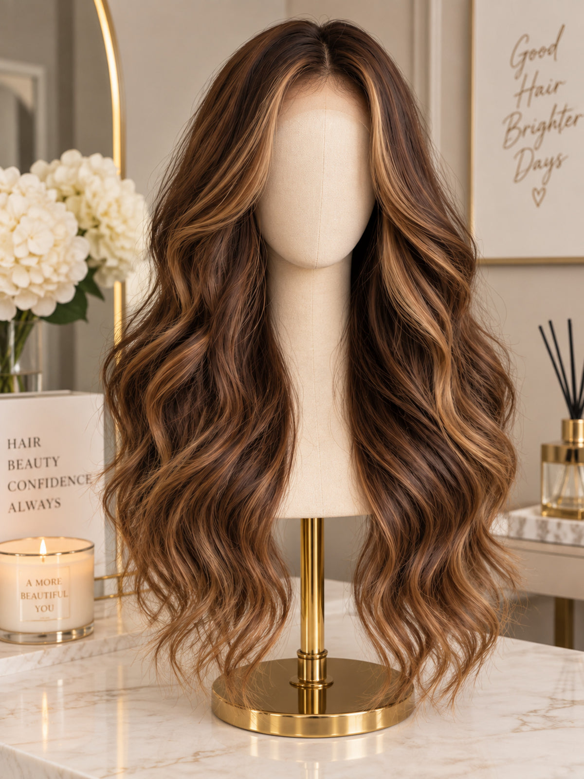 Long Curly Chestnut Brown Highlighted Layered Synthetic Blend Wig