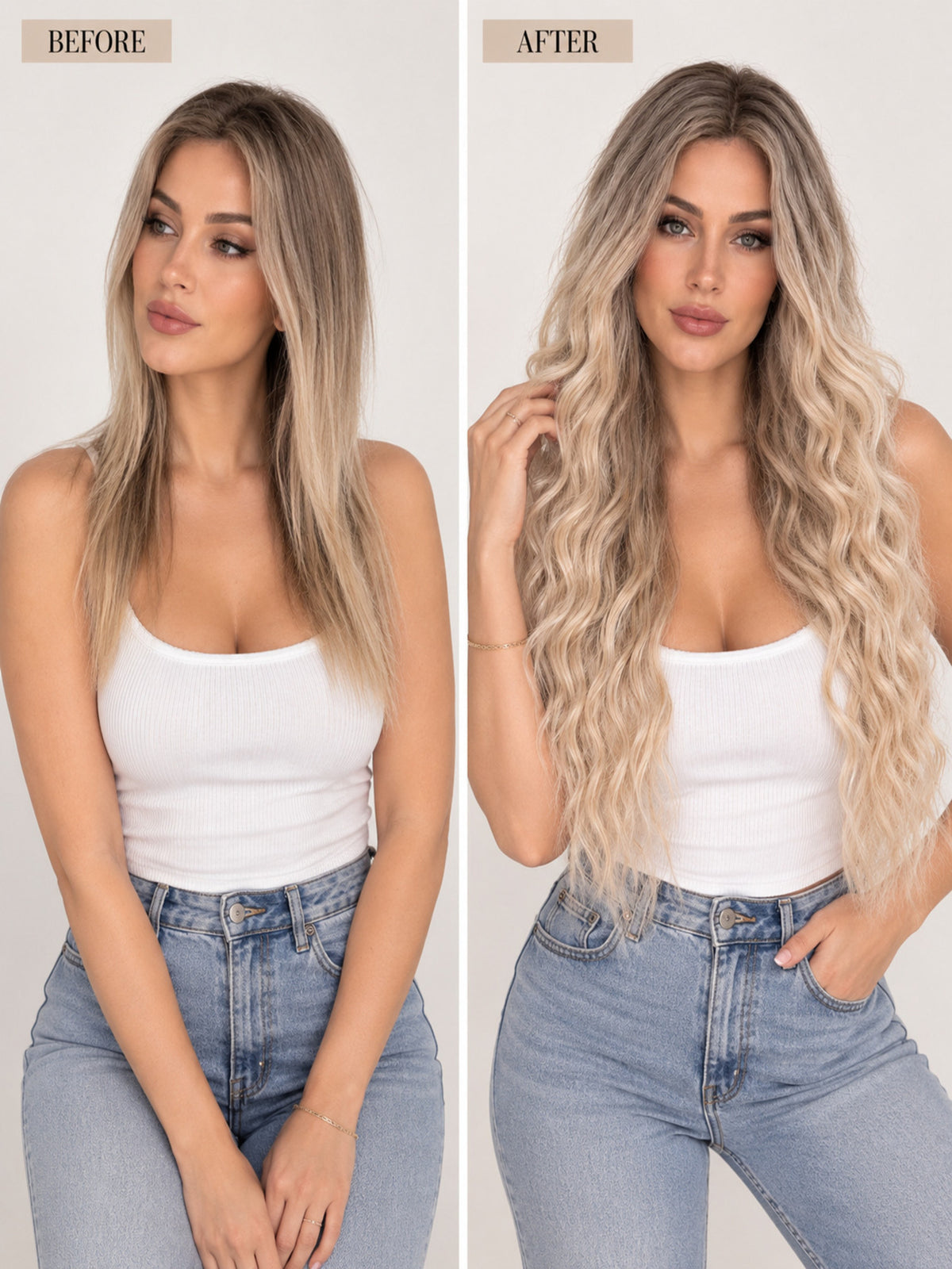 Two-panel view: dark-root blonde ombre synthetic blend wig with long crimped waves