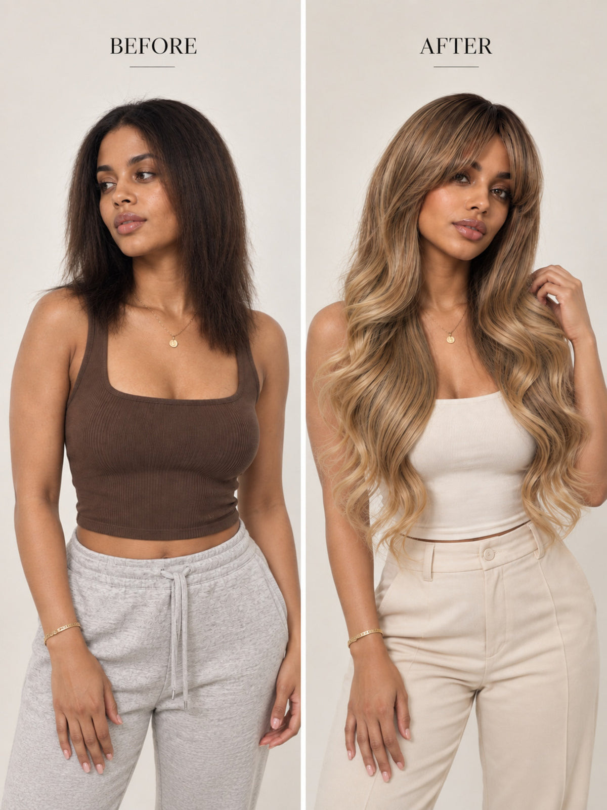 Wavy dark blonde wig with bangs shown on a model (after)