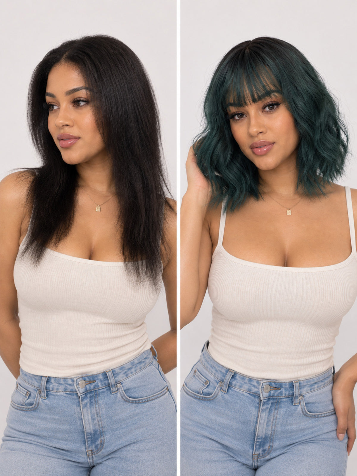 Short Wavy Emerald Green Bob with Bangs Synthetic Blend Wig