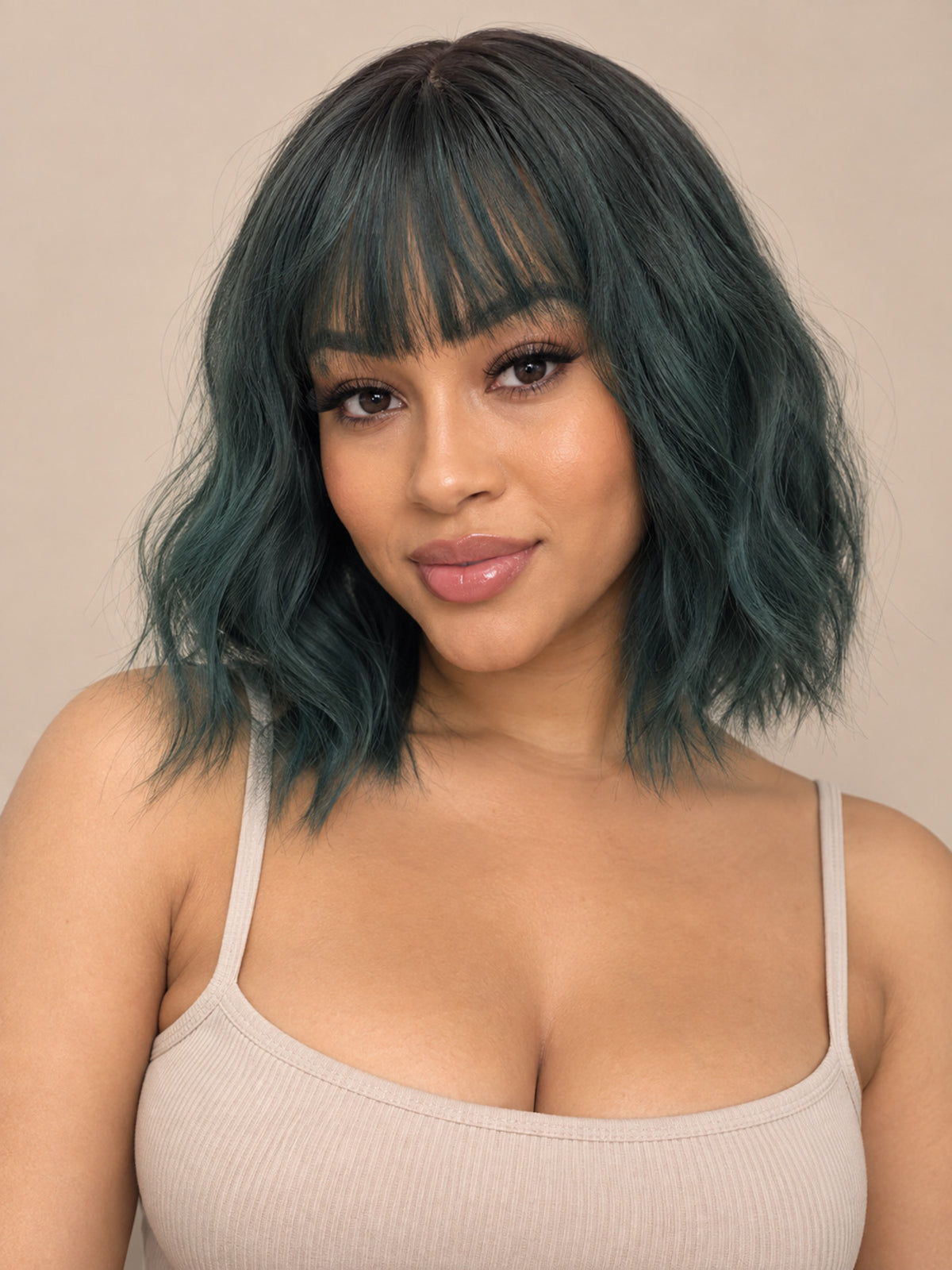 Short Wavy Emerald Green Bob with Bangs Synthetic Blend Wig