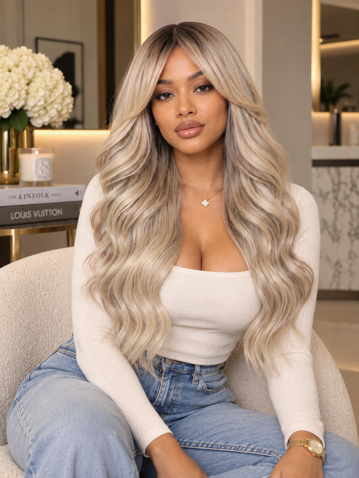Long Icy Blonde Synthetic Blend Wig with Curtain Bangs