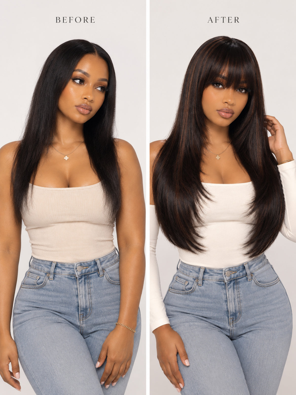 Before-and-after wig comparison: long black wig with brown highlights, layered bangs