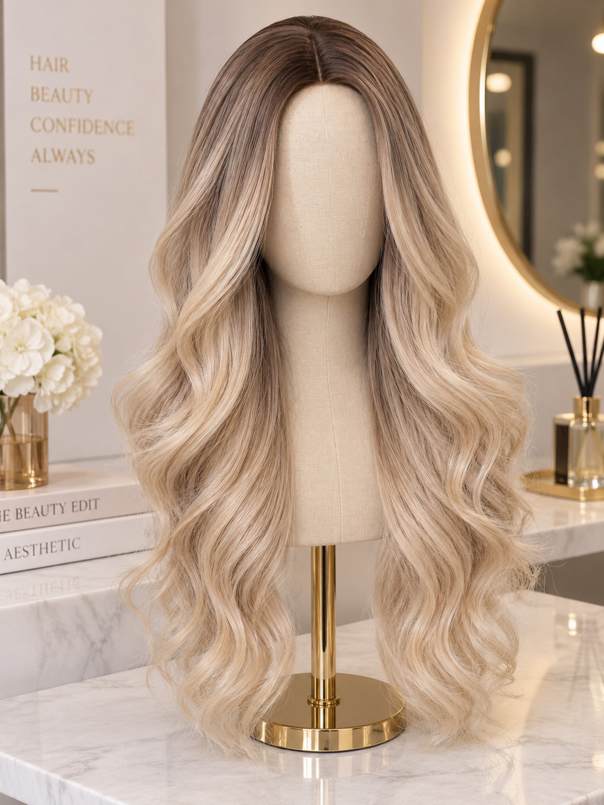 Long wavy blonde wig with dark roots, full coverage, soft loose curls