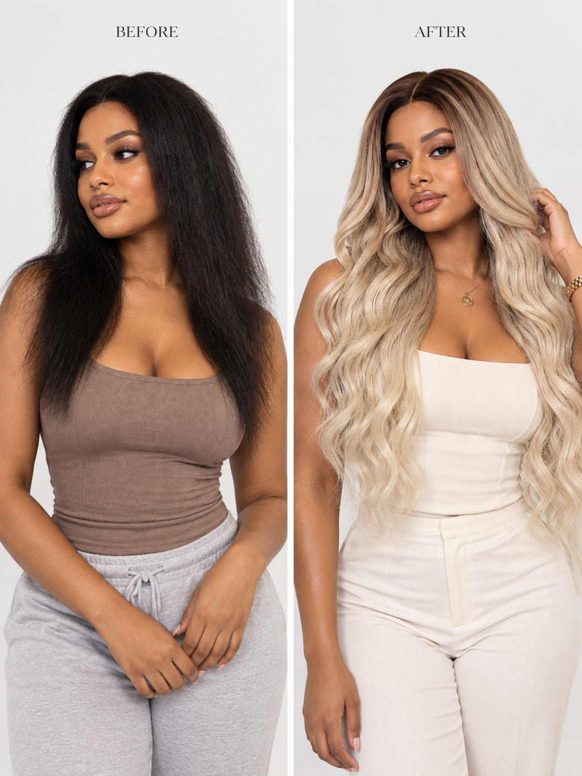 Blonde curly wig with dark roots, long loose waves styled on model
