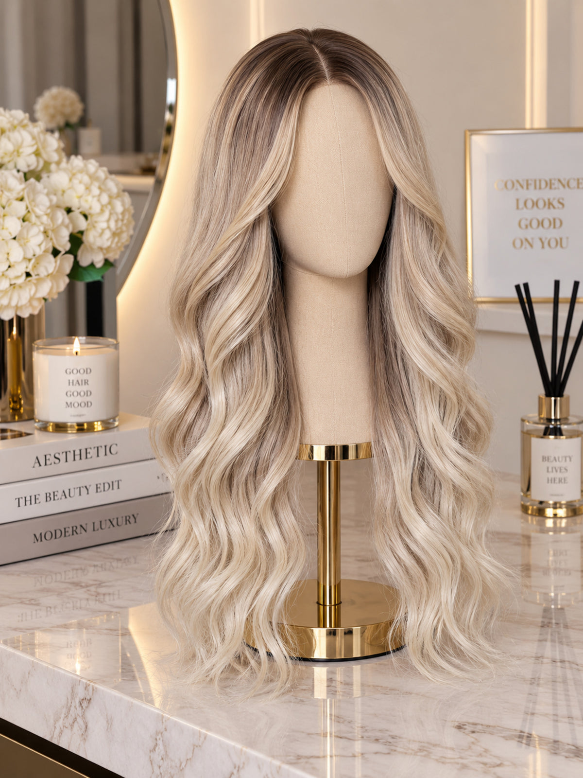 Long Blonde Curly Synthetic Blend Wig with Dark Roots