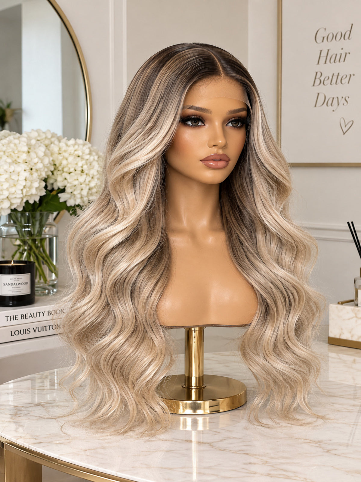 Long Blonde Wig with Dark Roots and Highlights – Synthetic Blend