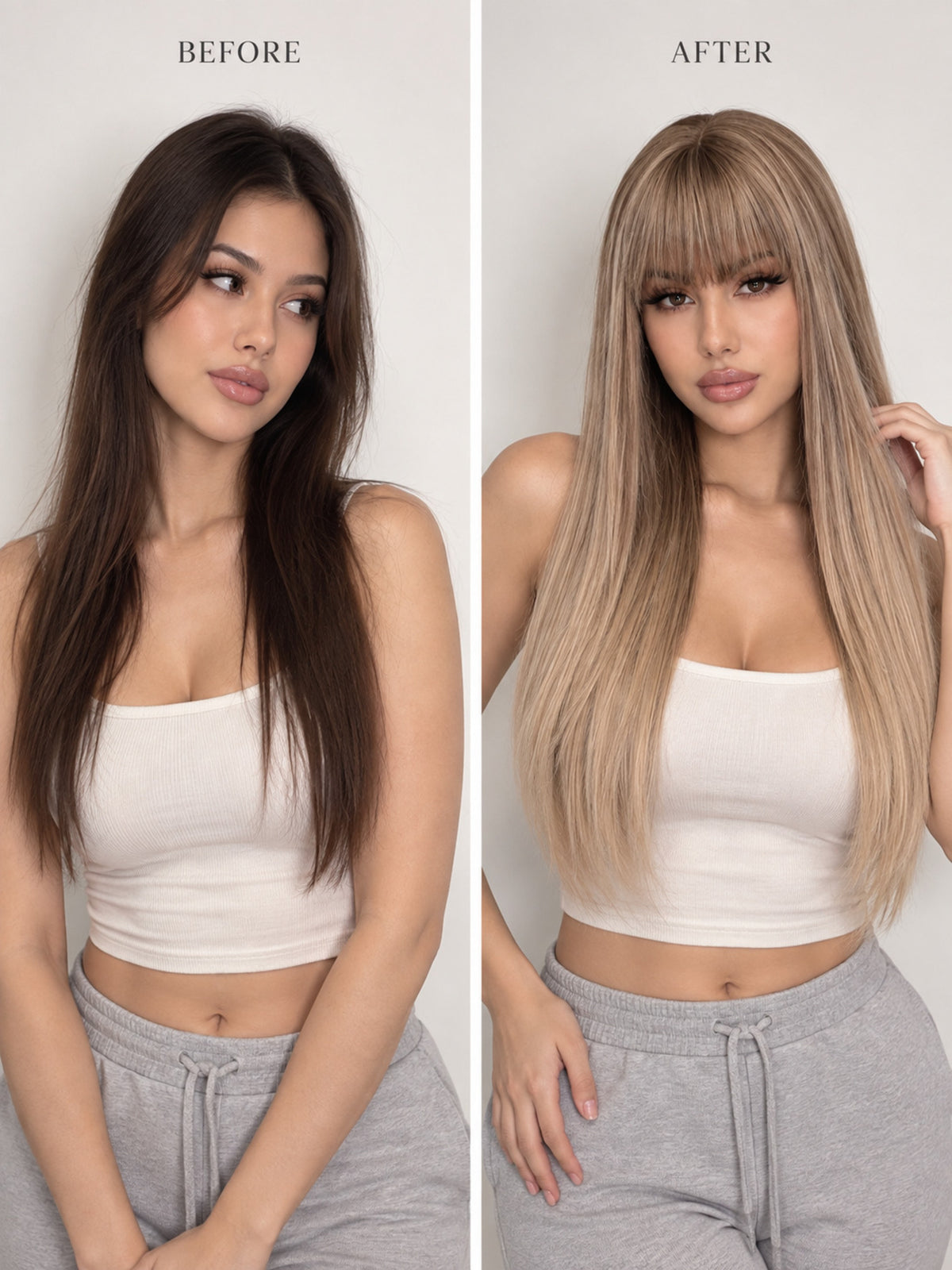 Long Blonde Straight Wig with Bangs and Highlights – Synthetic Blend