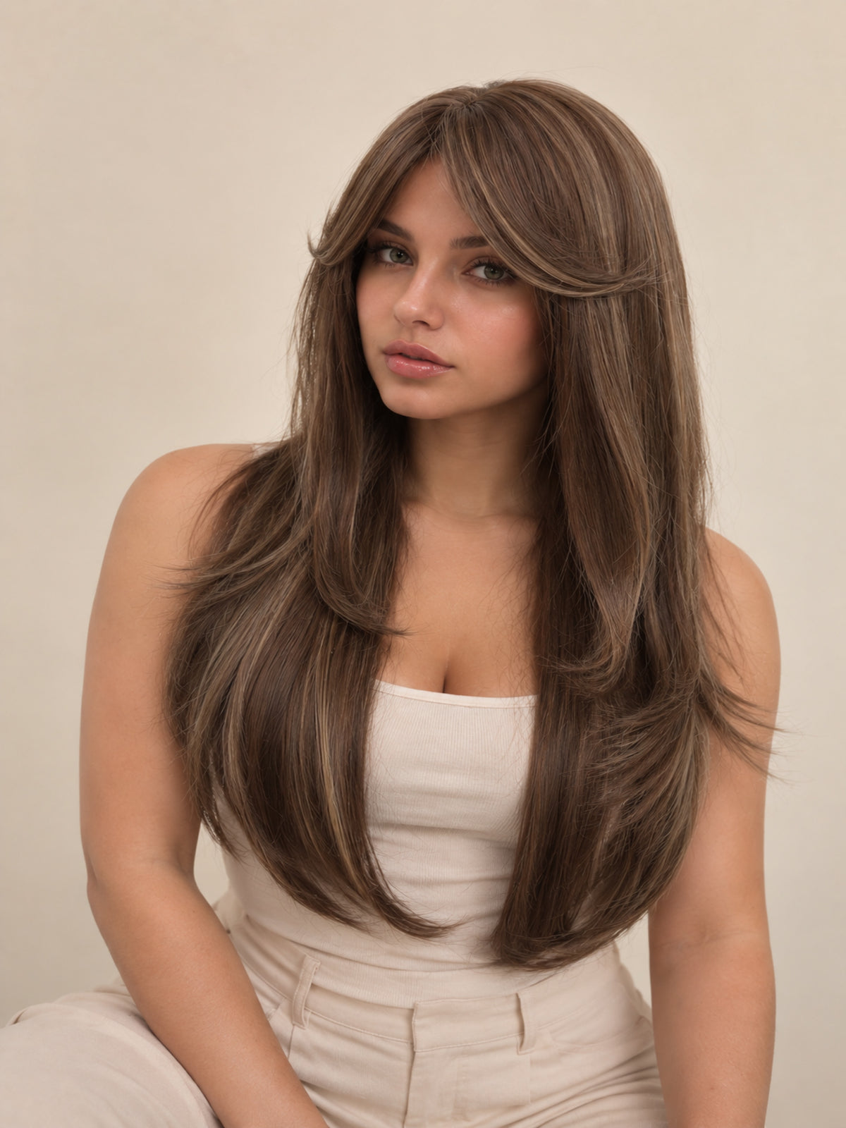 Long Brown Highlighted Synthetic Blend Wig with Curtain Bangs
